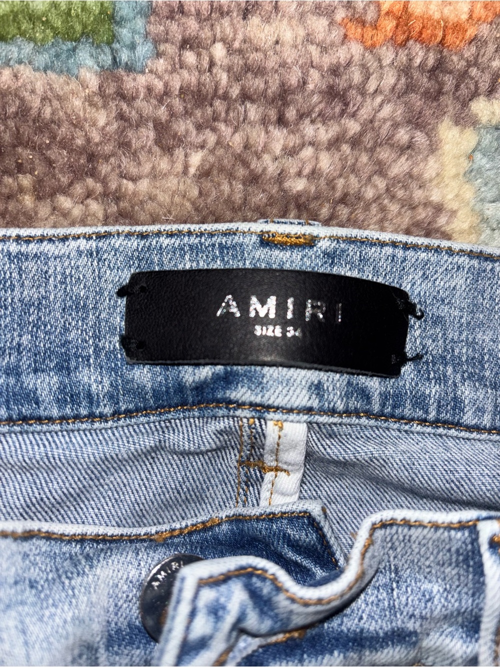 AMIRI Light Blue Distressed Skinny Jeans with Multicolor Bandana Patchwork - Picture 3 of 5